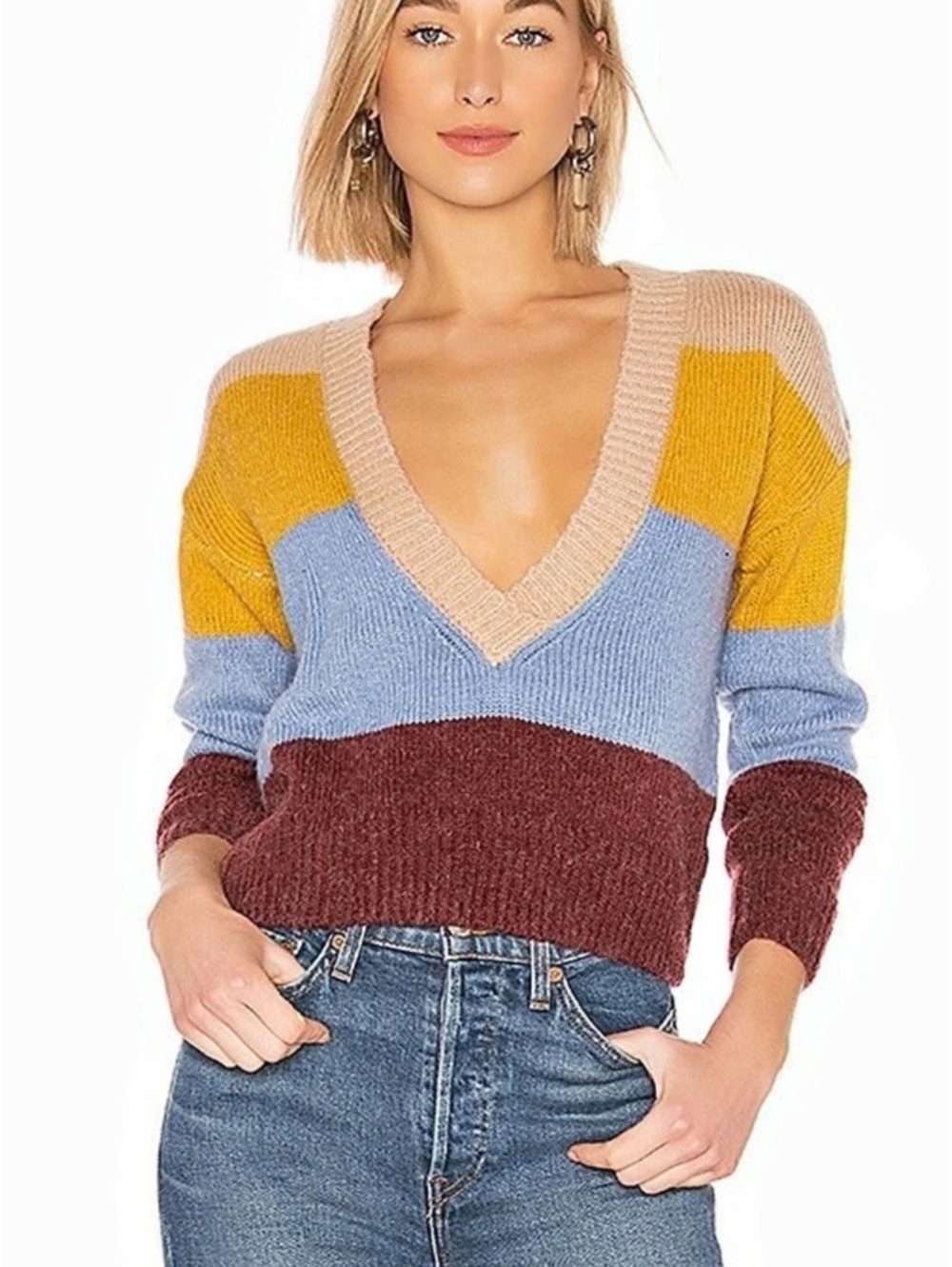 For Love & Lemons Wellesley Stripe Sweat Color Block V-Neck Sweater XS NWT
